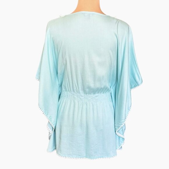 NWOT Chaudry KC Beach Cover-Up Sz. L Blue Butterfly Sleeve Embroidered Boho - Picture 4 of 13